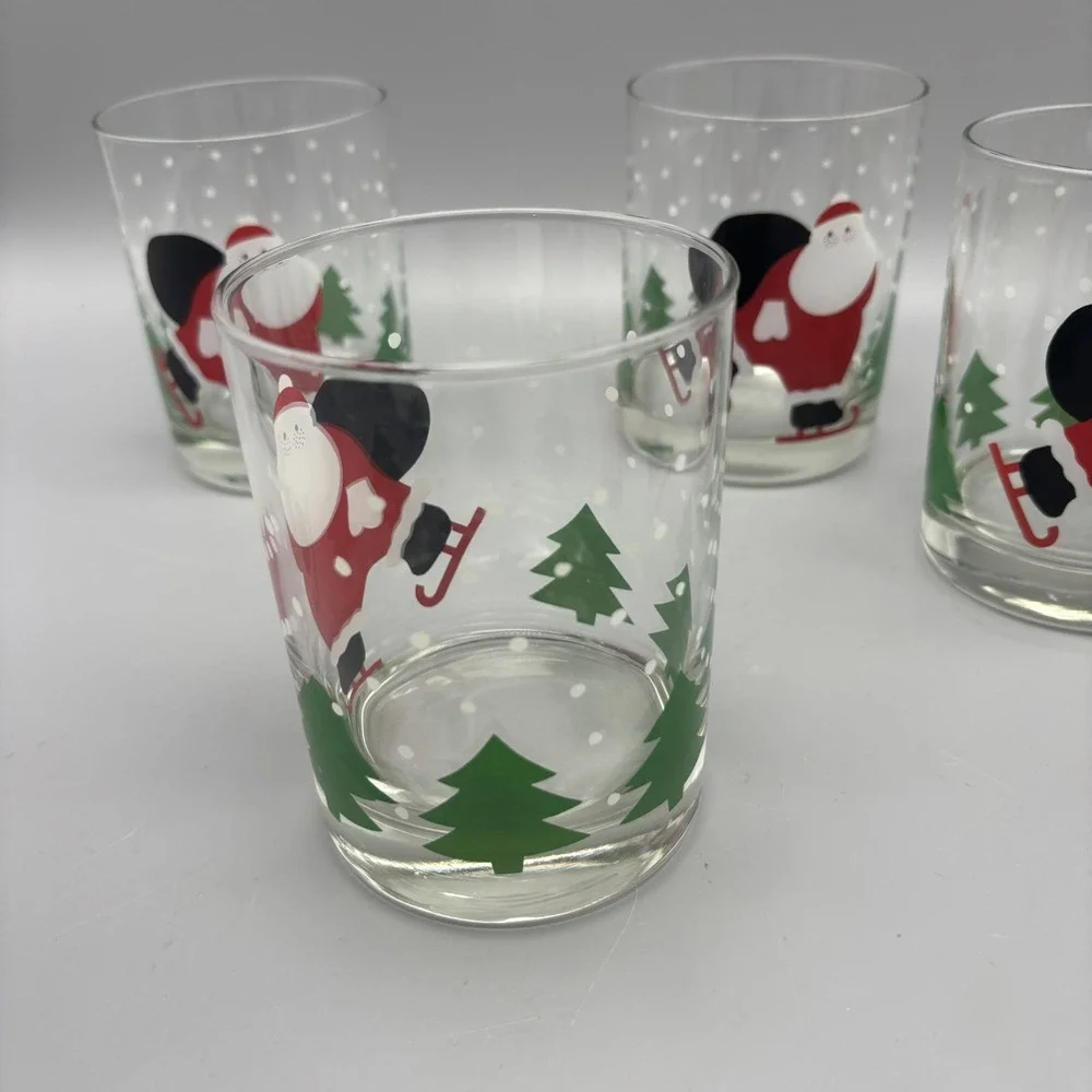 Vintage Set of 4 Crate and Barrel Ice Skating Santa Double Old Fashioned Glasses - Picture 3 of 7